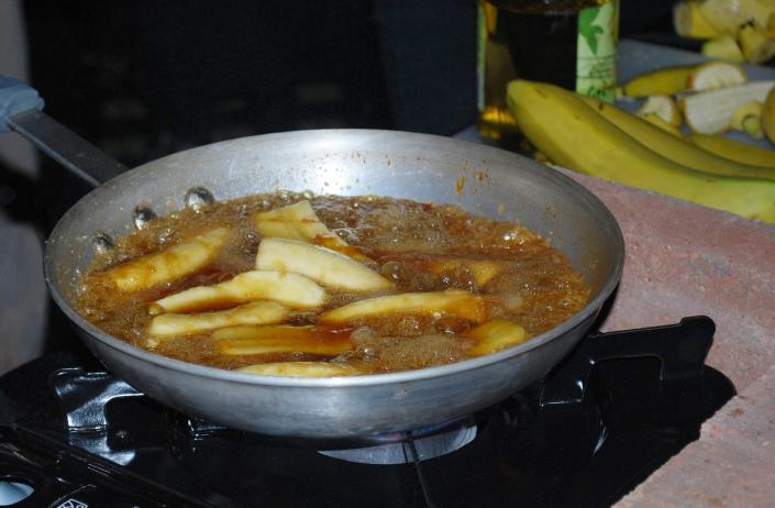 Bananas cooked in brown sugar butter sauce and finished off with flames in front of guests.  Served with Ice Cream.  Can be served with crepes.